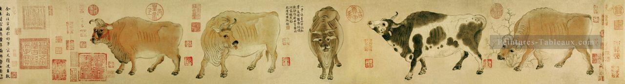 cinq taureaux Han Huang chinois traditionnel Peintures à l'huile